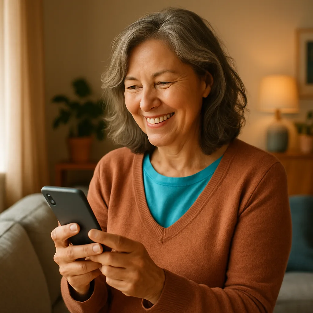 Smiling woman confidently checking her phone — verified profiles on The Staffordshire Dating Site